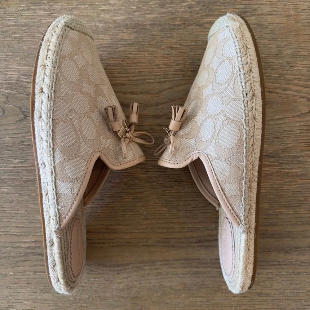 Coach Signature Espadrille Mules Slides Women's 9 Tan Beige Jacquard Tassel Bow